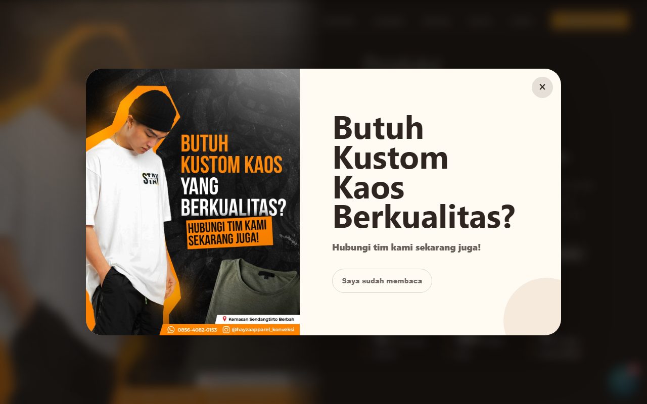 Screenshot website Hayza Konveksi